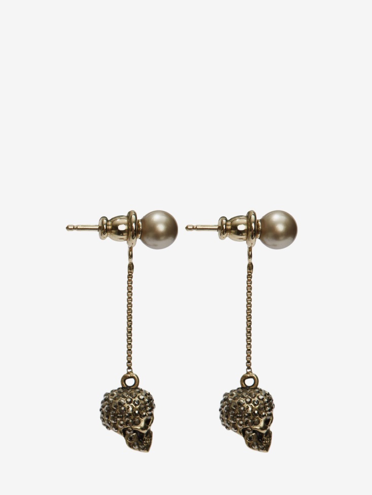 Gold Women's Pave Skull Chain Earrings Fashion Alexander McQueen