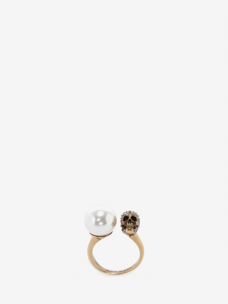 Fashion Alexander McQueen Antique Gold Women's Pearl-Like Skull Ring