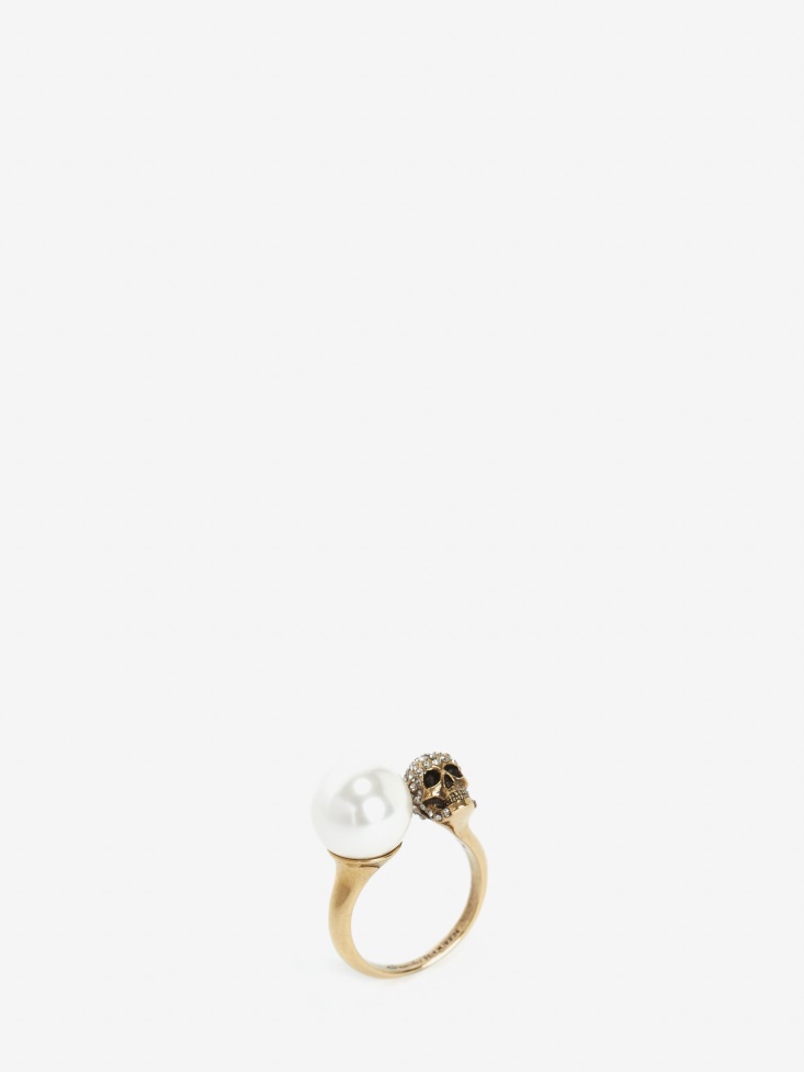 Fashion Alexander McQueen Antique Gold Women's Pearl-Like Skull Ring