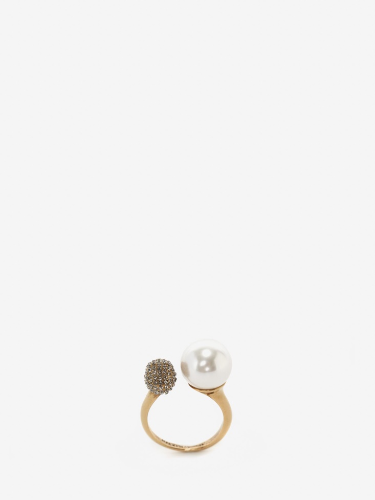 Fashion Alexander McQueen Antique Gold Women's Pearl-Like Skull Ring