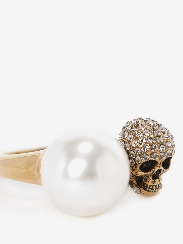 Fashion Alexander McQueen Antique Gold Women's Pearl-Like Skull Ring