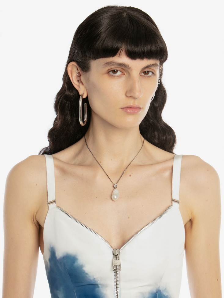Fashion Alexander McQueen Women's Pearl Necklace Antique Silver