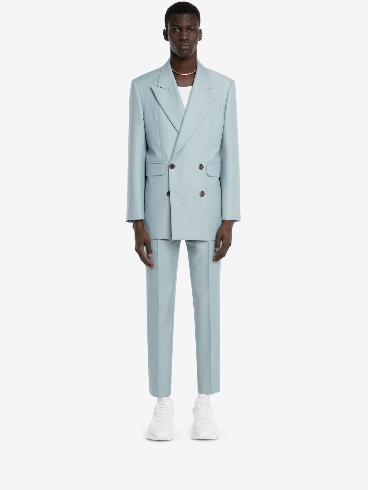 Fashion Alexander McQueen Paradise Blue Men's Double-Breasted Wool Mohair Jacket