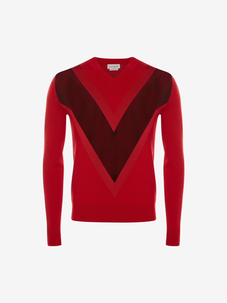 Men's Sheer Chevron Detail Jumper Fashion Alexander McQueen Red/Black