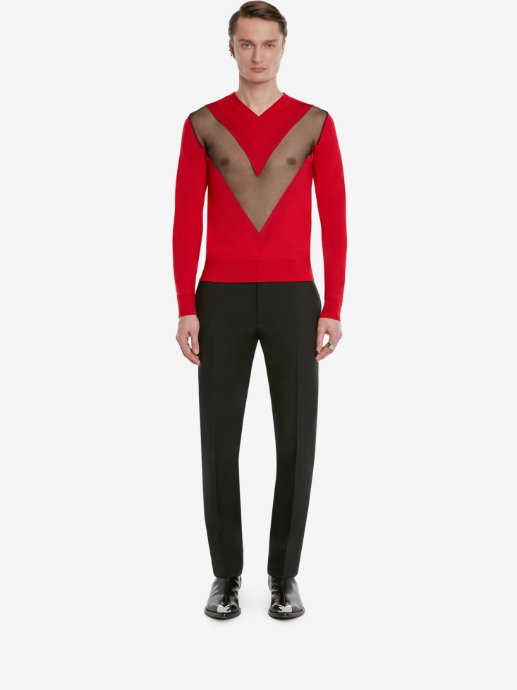 Men's Sheer Chevron Detail Jumper Fashion Alexander McQueen Red/Black