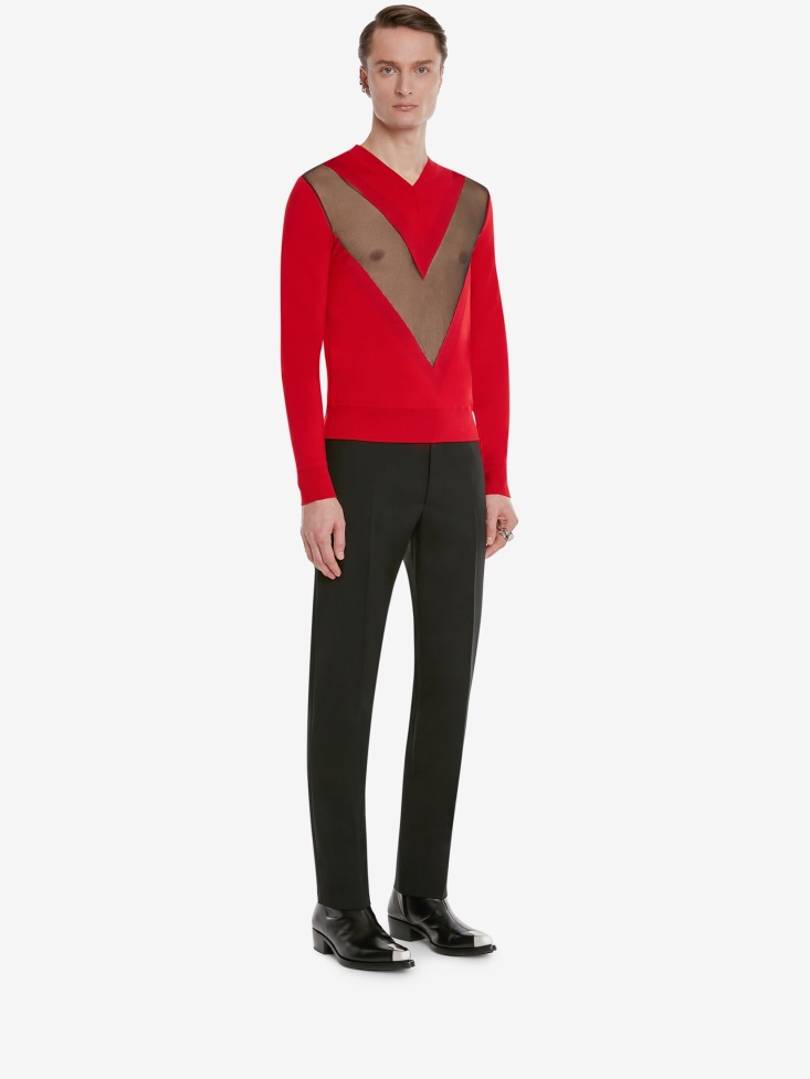 Men's Sheer Chevron Detail Jumper Fashion Alexander McQueen Red/Black
