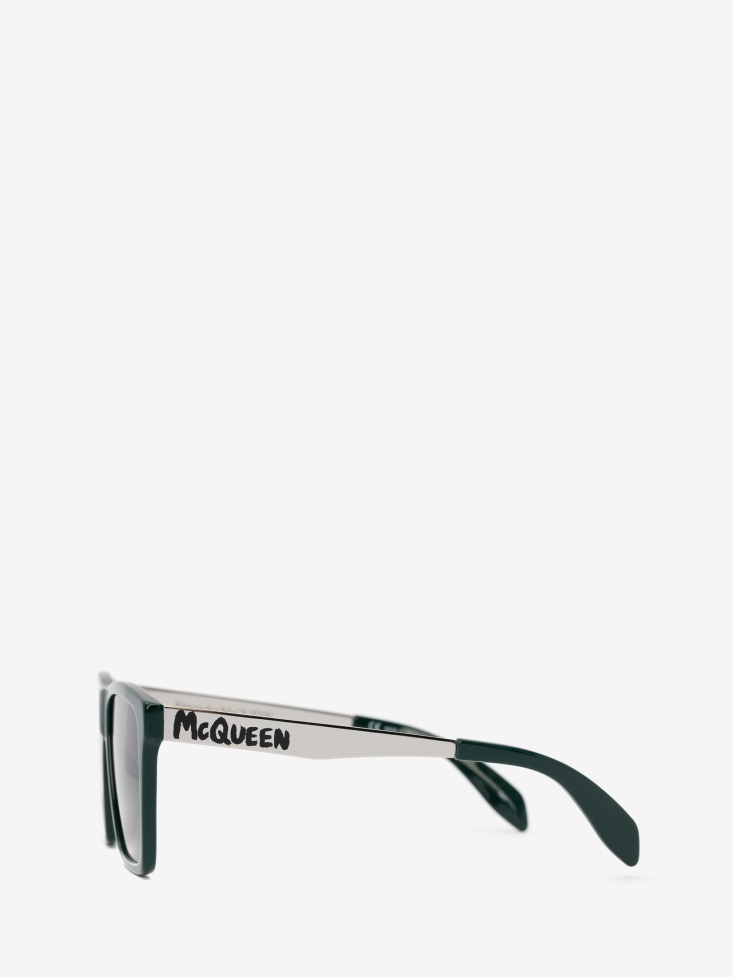 Fashion Alexander McQueen Men's in Graffiti Rectangular Sunglasses With Metal Temples Green