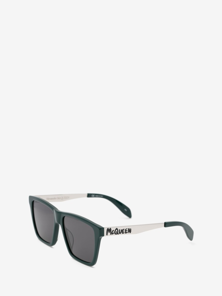 Fashion Alexander McQueen Men's in Graffiti Rectangular Sunglasses With Metal Temples Green
