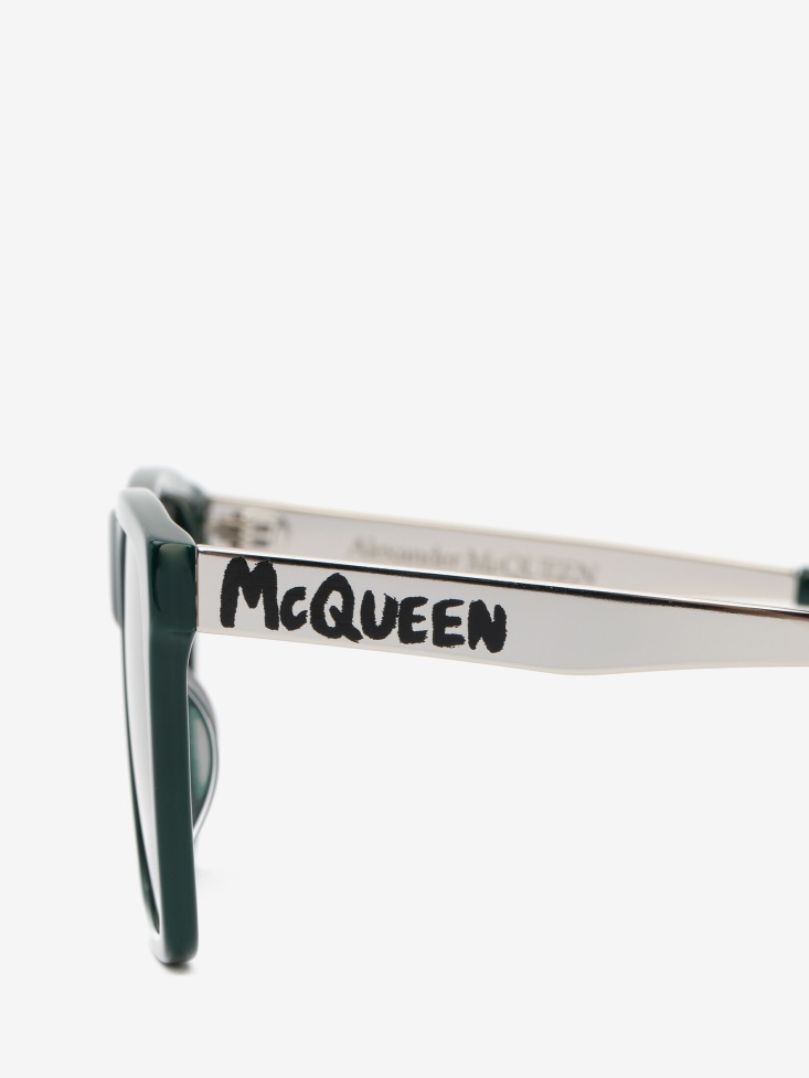 Fashion Alexander McQueen Men's in Graffiti Rectangular Sunglasses With Metal Temples Green
