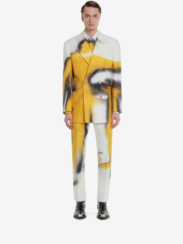 Fashion Alexander McQueen Men's Silhouette Double-Breasted Jacket Ivory/Yellow