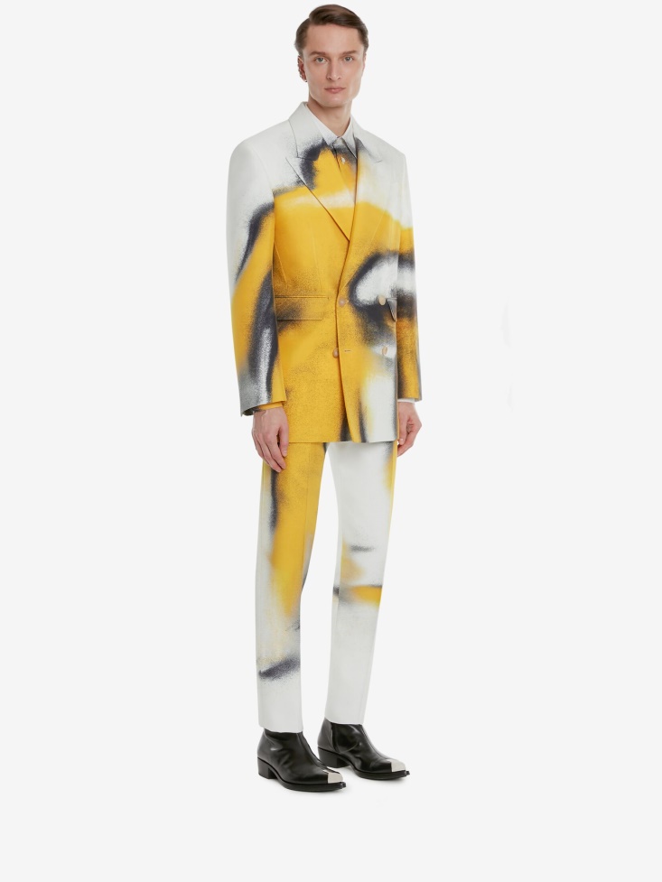 Fashion Alexander McQueen Men's Silhouette Double-Breasted Jacket Ivory/Yellow