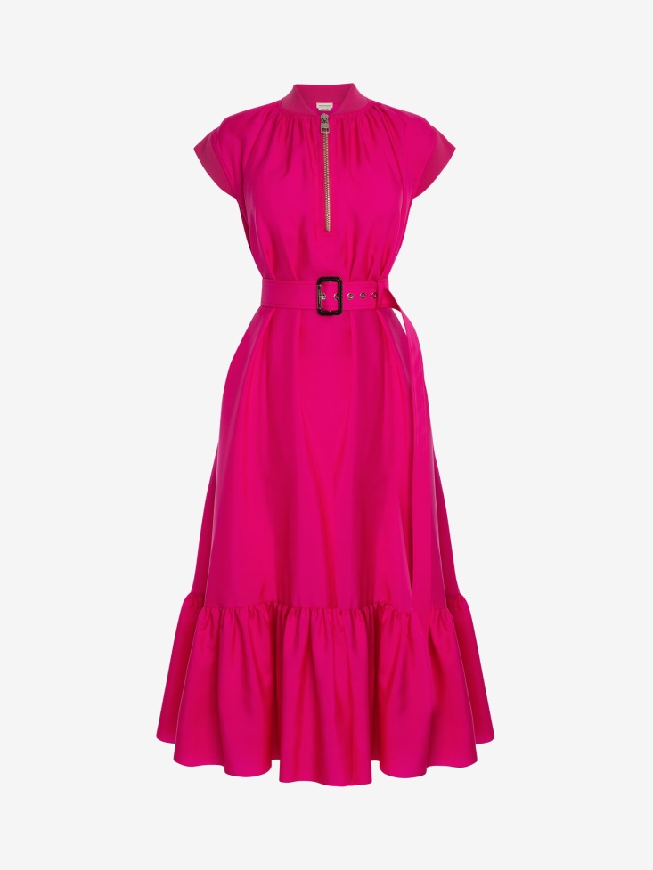 Bobby Pink Women's Gathered Japanese Silk Midi Dress Fashion Alexander McQueen