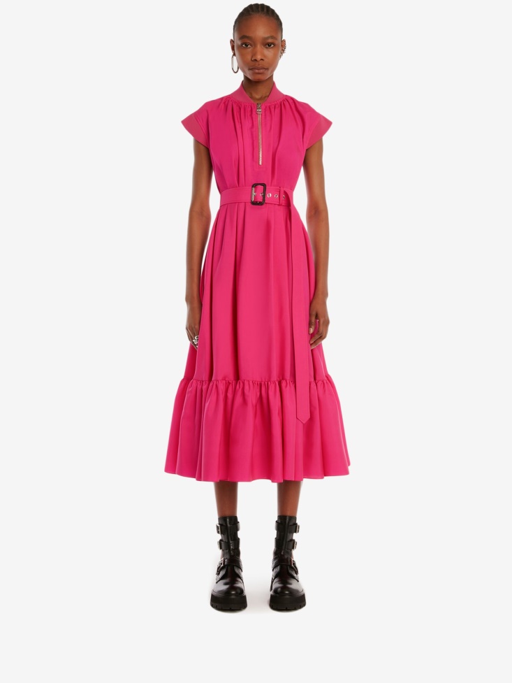 Bobby Pink Women's Gathered Japanese Silk Midi Dress Fashion Alexander McQueen