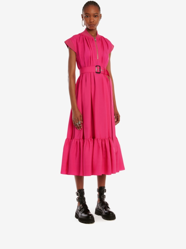 Bobby Pink Women's Gathered Japanese Silk Midi Dress Fashion Alexander McQueen