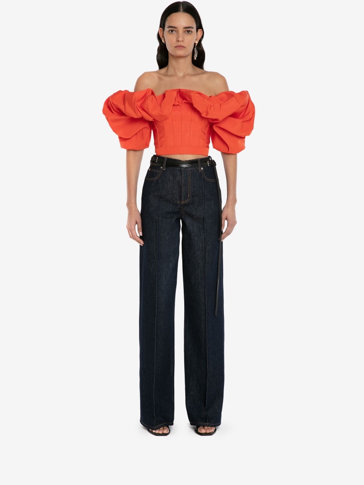 Fashion Alexander McQueen Women's Wide Leg Denim Trousers Washed Blue