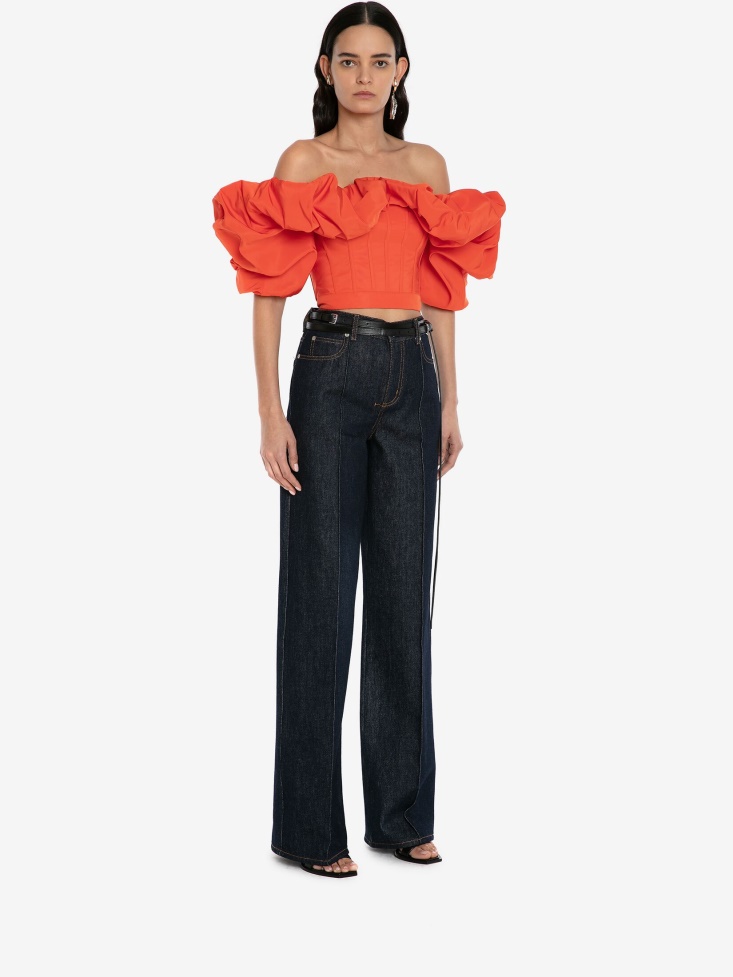 Fashion Alexander McQueen Women's Wide Leg Denim Trousers Washed Blue