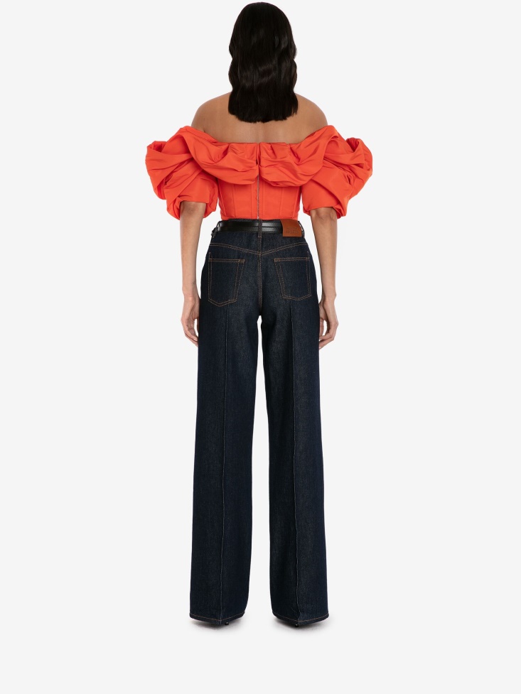 Fashion Alexander McQueen Women's Wide Leg Denim Trousers Washed Blue