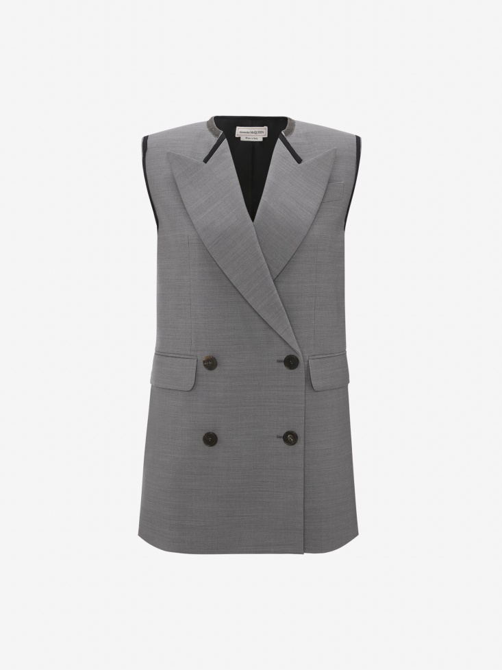 Women's Sleeveless Double-Breasted Wool Jacket Mid Grey Melange Fashion Alexander McQueen