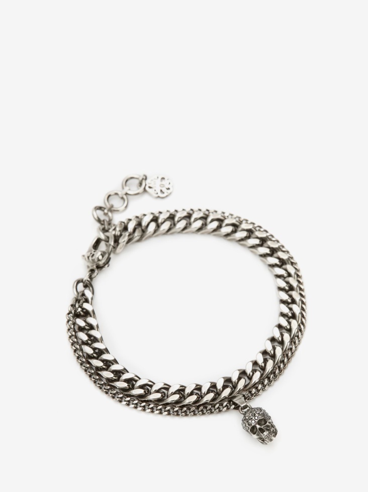 Antique Silver Fashion Alexander McQueen Men's Pave Skull Chain Bracelet