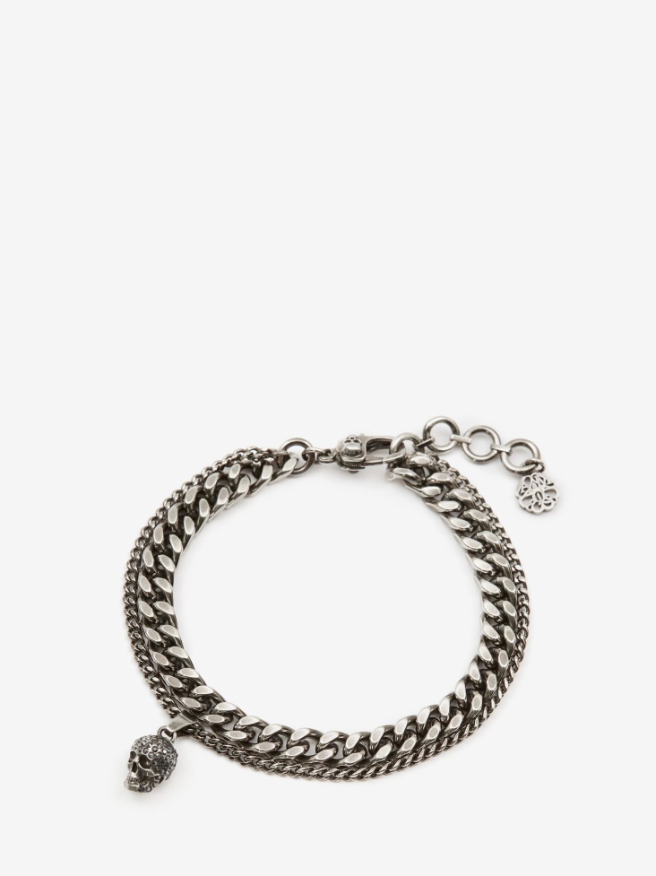 Antique Silver Fashion Alexander McQueen Men's Pave Skull Chain Bracelet