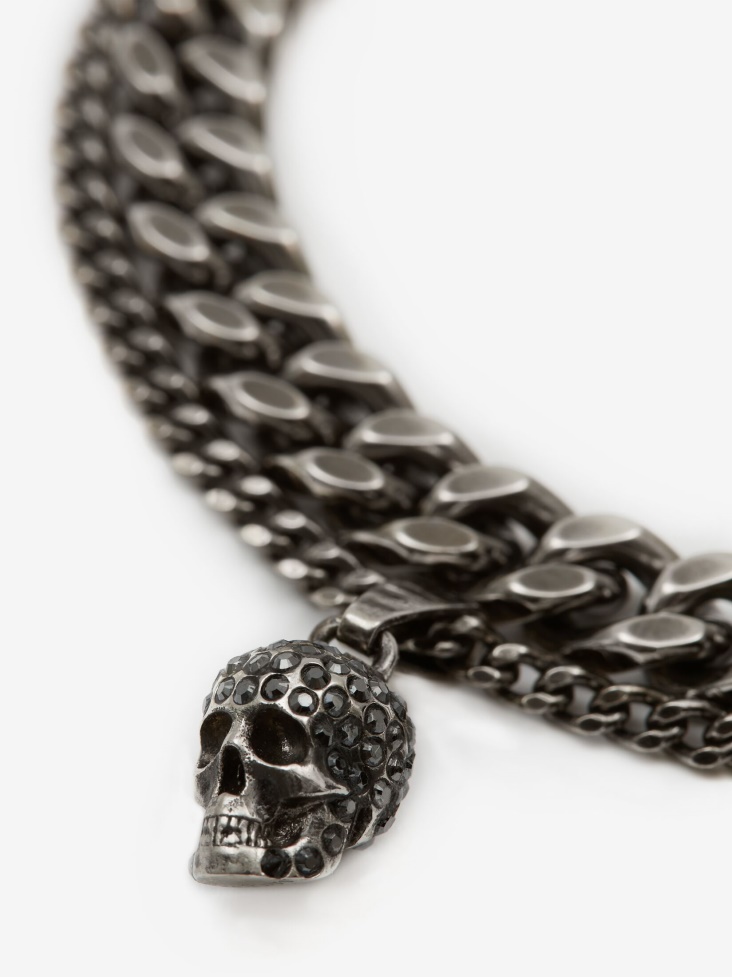 Antique Silver Fashion Alexander McQueen Men's Pave Skull Chain Bracelet