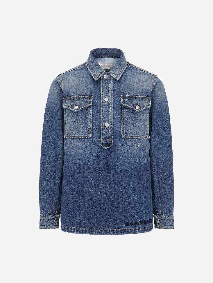 Fashion Alexander McQueen Men's Pull-Over Denim Shirt Washed Blue
