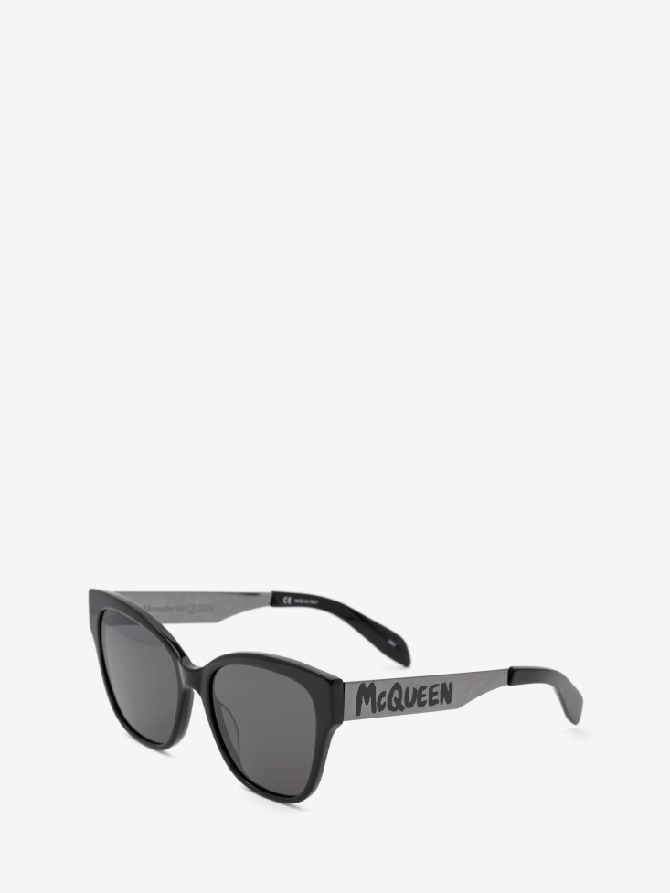Fashion Alexander McQueen Ruthenium Women's in Graffiti Cat-Eye Sunglasses With Metal Temples