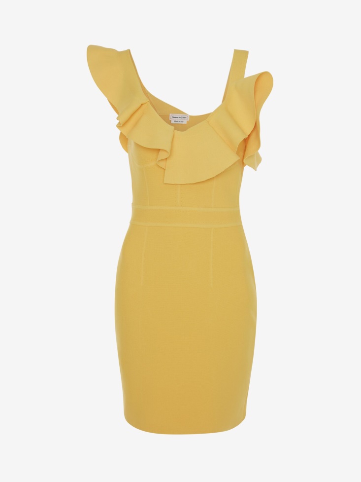 Fashion Alexander McQueen Pop Yellow Women's Sleeveless Ruffle Mini Dress