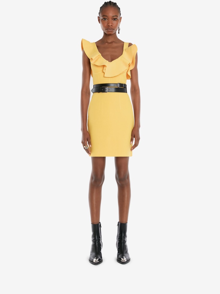 Fashion Alexander McQueen Pop Yellow Women's Sleeveless Ruffle Mini Dress