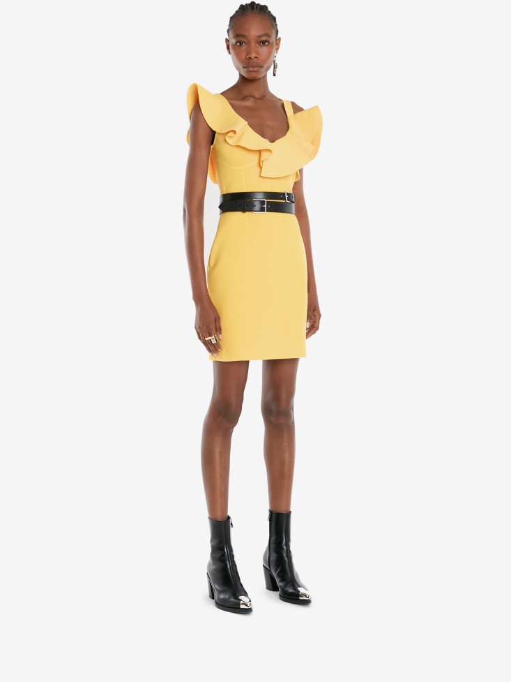 Fashion Alexander McQueen Pop Yellow Women's Sleeveless Ruffle Mini Dress
