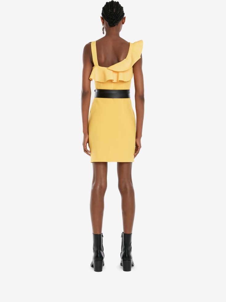 Fashion Alexander McQueen Pop Yellow Women's Sleeveless Ruffle Mini Dress