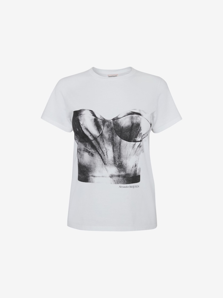 Fashion Alexander McQueen Women's Bustier Print T-Shirt White/Black