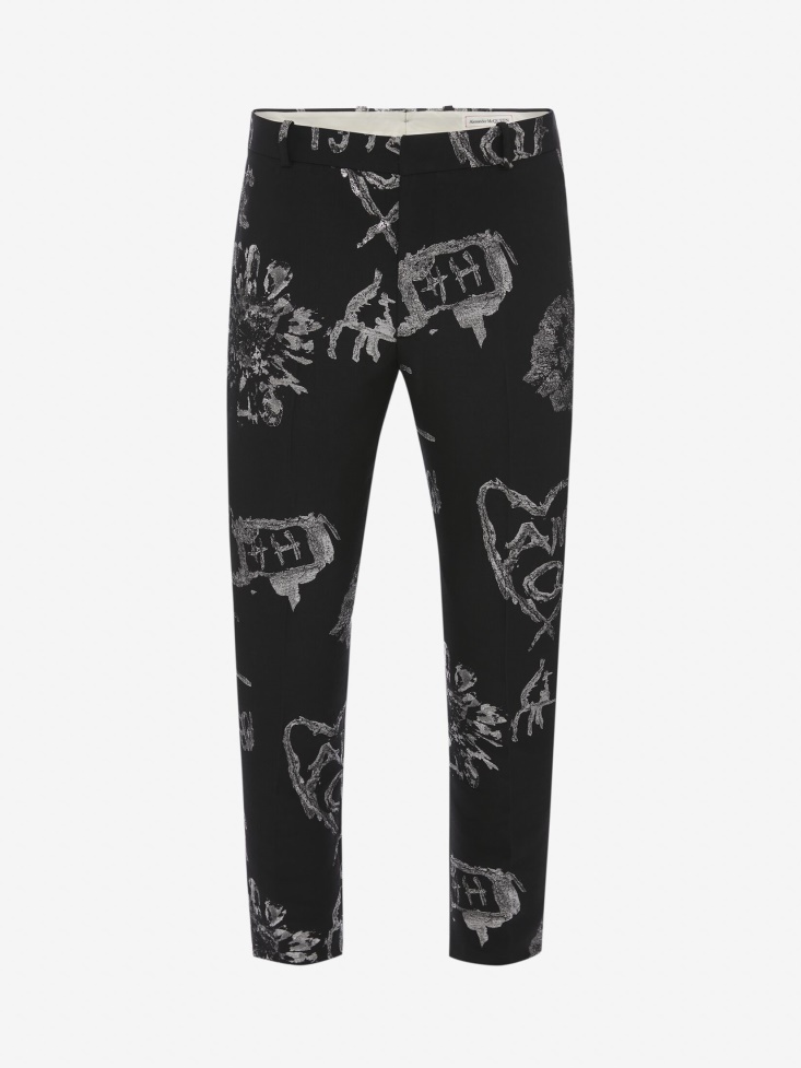 Men's Tree Graffiti Jacquard Cigarette Trousers Black/Ivory Fashion Alexander McQueen