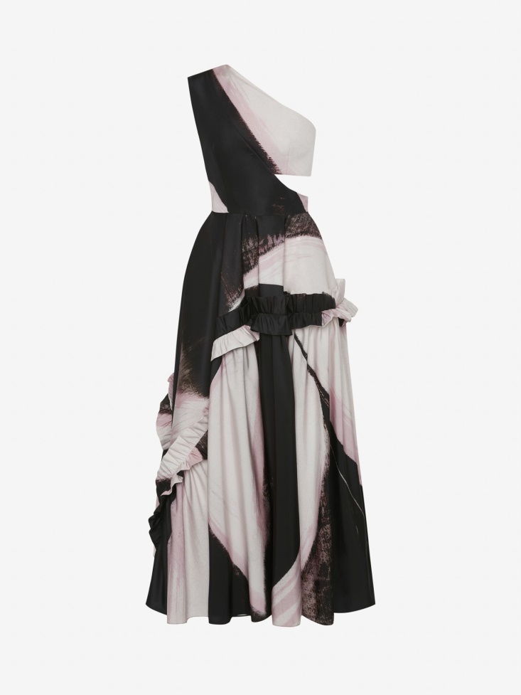 Black/Ivory Women's Graphic Brushstroke Slashed Asymmetric One-Shoulder Dress Fashion Alexander McQueen