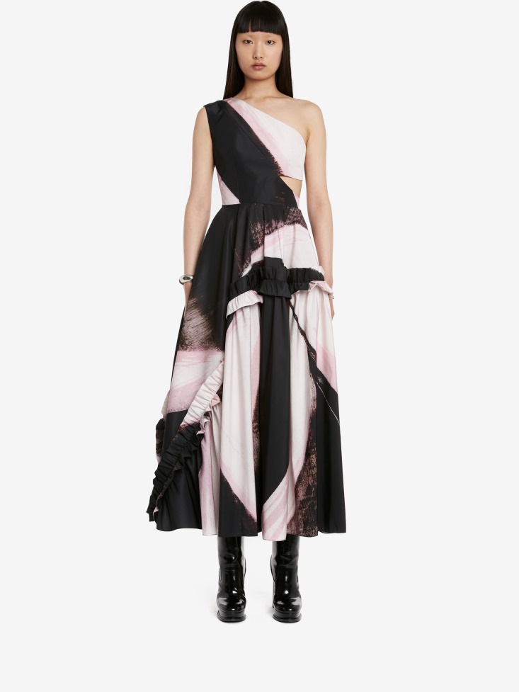 Black/Ivory Women's Graphic Brushstroke Slashed Asymmetric One-Shoulder Dress Fashion Alexander McQueen