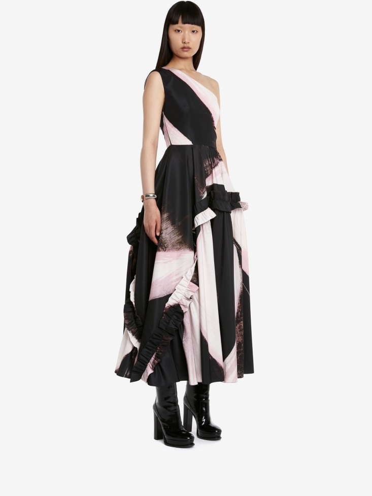 Black/Ivory Women's Graphic Brushstroke Slashed Asymmetric One-Shoulder Dress Fashion Alexander McQueen