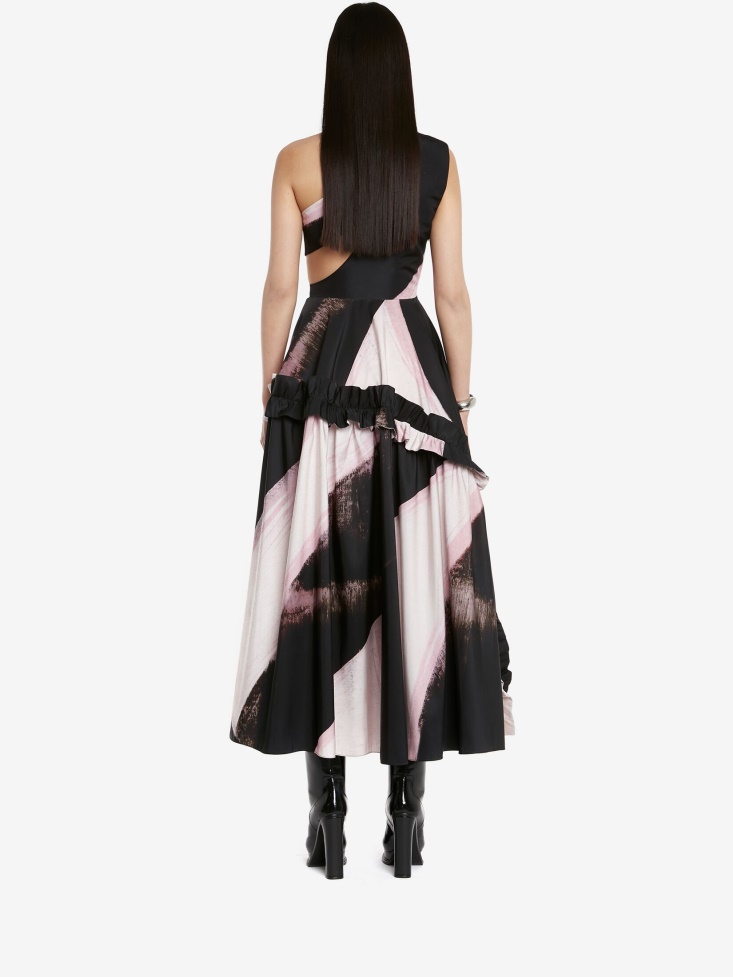 Black/Ivory Women's Graphic Brushstroke Slashed Asymmetric One-Shoulder Dress Fashion Alexander McQueen