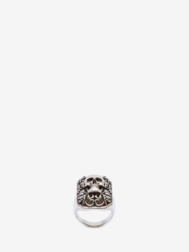 Antique Silver Men's Engraved Skull Ring Fashion Alexander McQueen