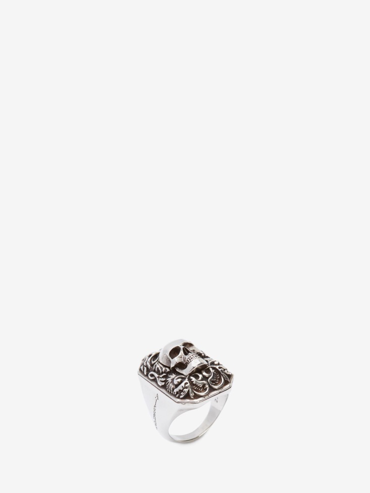Antique Silver Men's Engraved Skull Ring Fashion Alexander McQueen