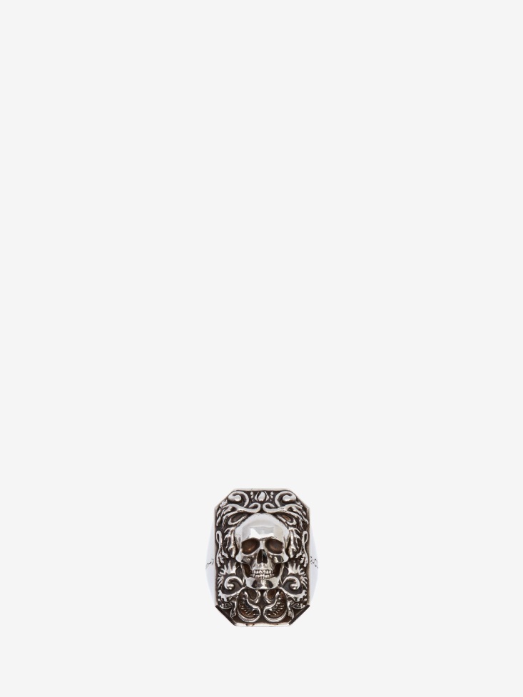Antique Silver Men's Engraved Skull Ring Fashion Alexander McQueen