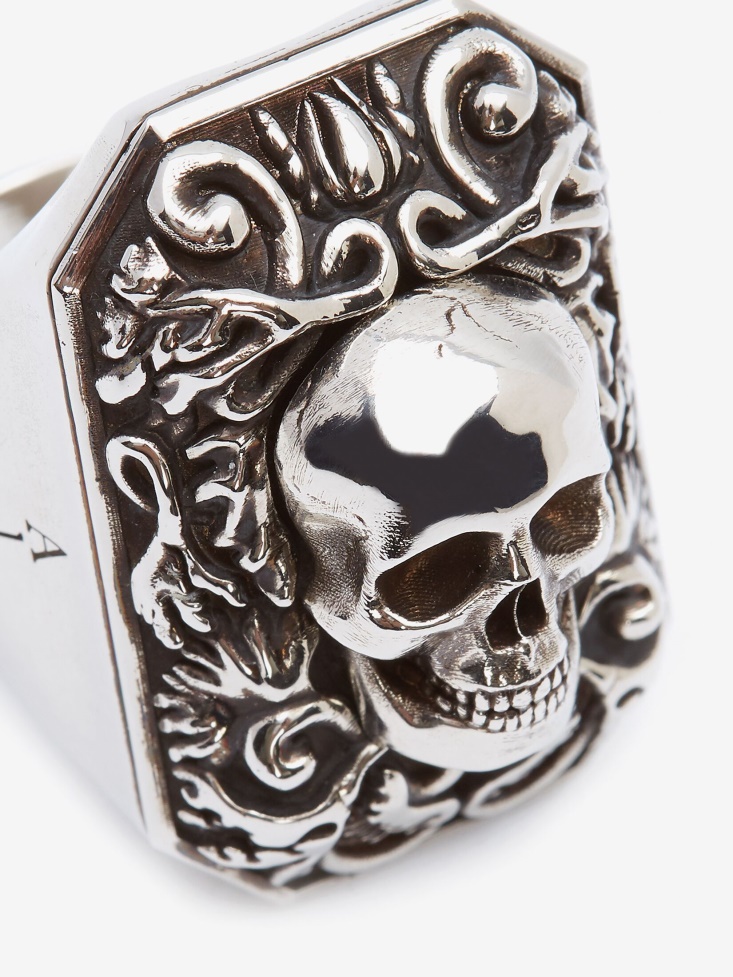 Antique Silver Men's Engraved Skull Ring Fashion Alexander McQueen