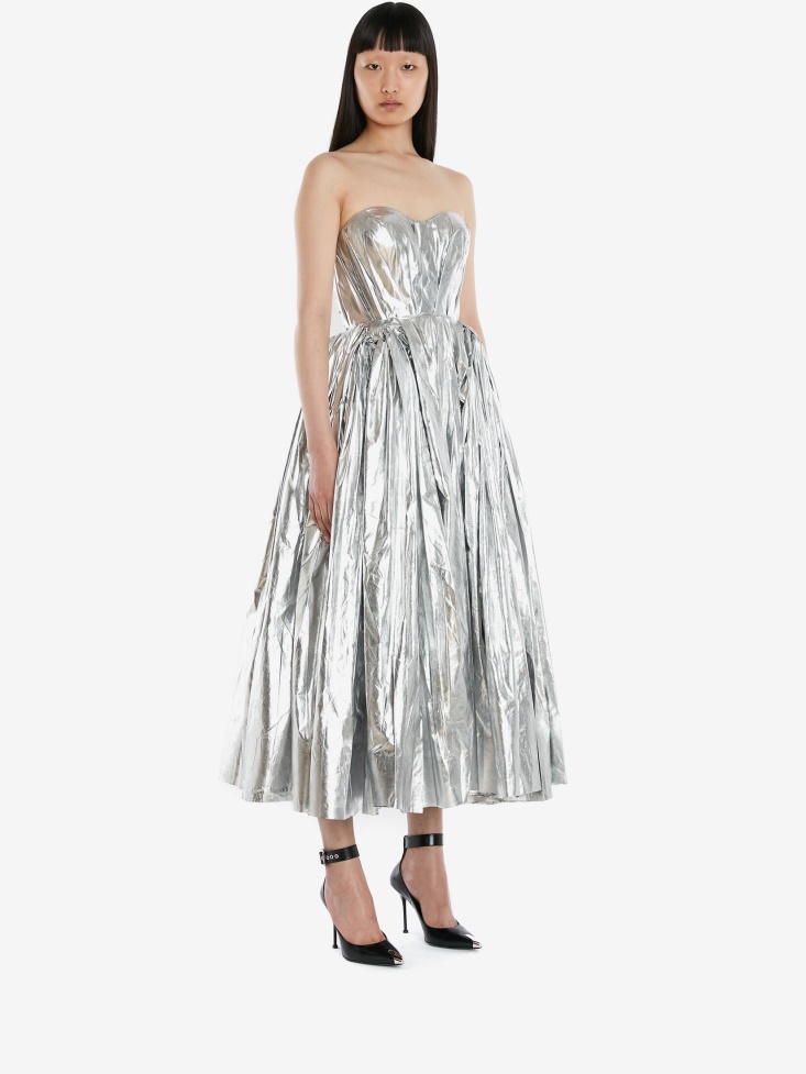 Women's Bow Drape Bustier Dress Fashion Alexander McQueen Silver