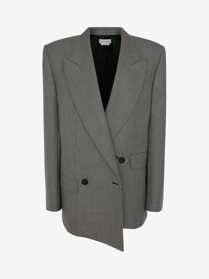 Black/Ivory Fashion Alexander McQueen Women's Wool Double-Breasted Houndstooth Boxy Jacket
