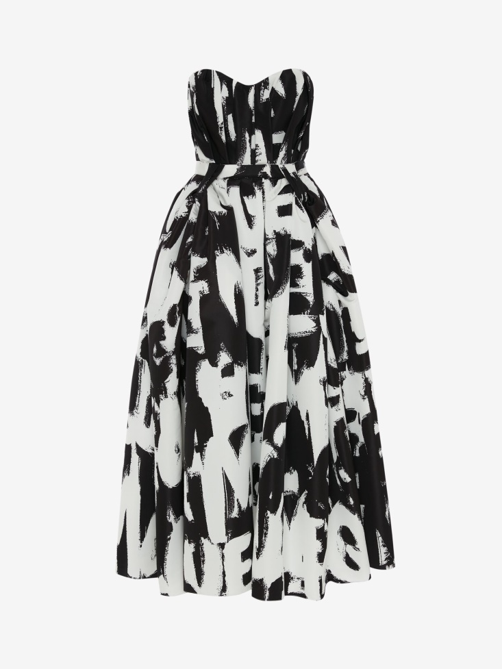 Women's Bow Drape in Graffiti Bustier Dress Fashion Alexander McQueen Black/White