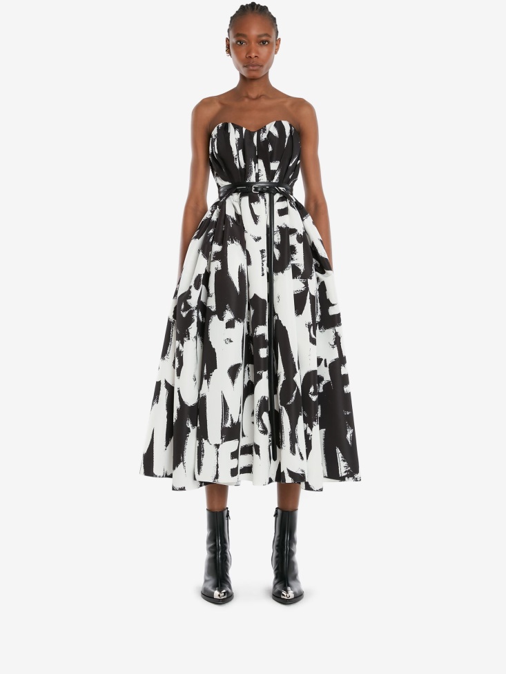 Women's Bow Drape in Graffiti Bustier Dress Fashion Alexander McQueen Black/White
