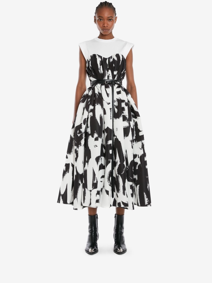 Women's Bow Drape in Graffiti Bustier Dress Fashion Alexander McQueen Black/White