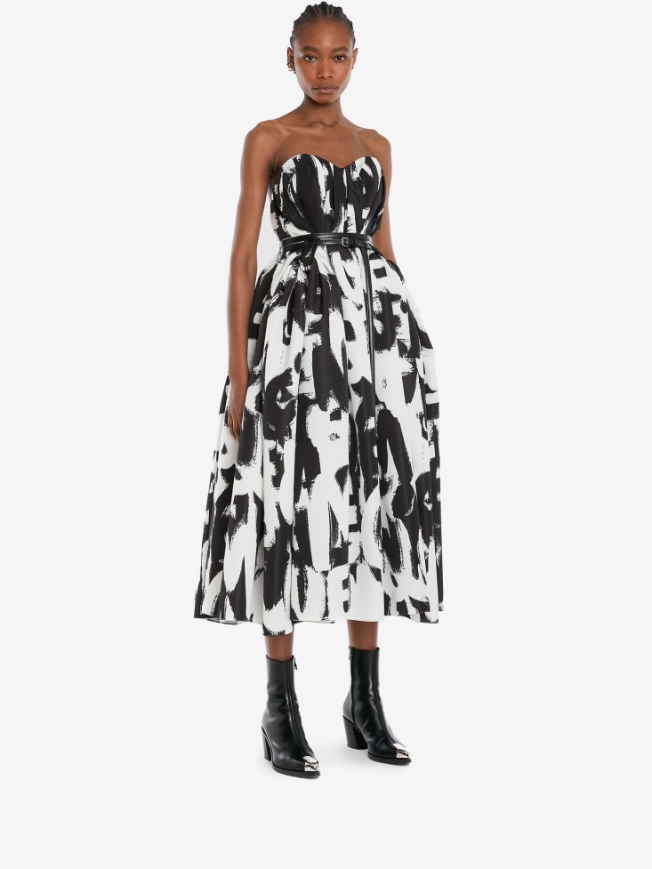 Women's Bow Drape in Graffiti Bustier Dress Fashion Alexander McQueen Black/White