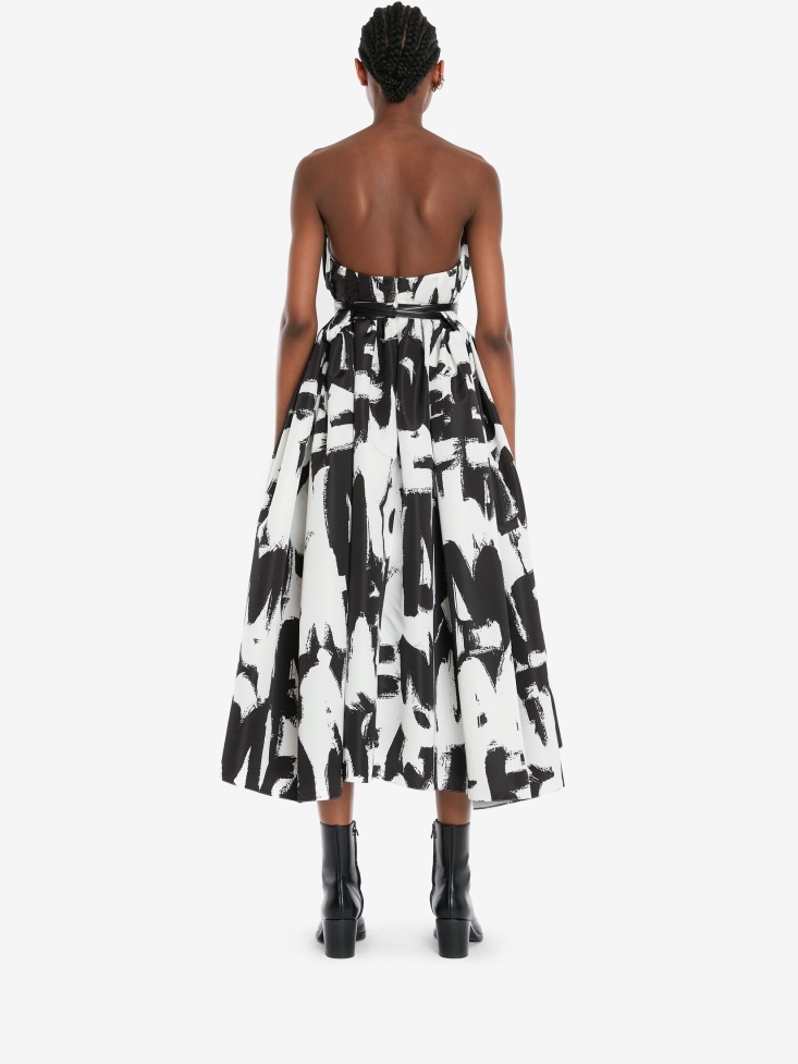 Women's Bow Drape in Graffiti Bustier Dress Fashion Alexander McQueen Black/White