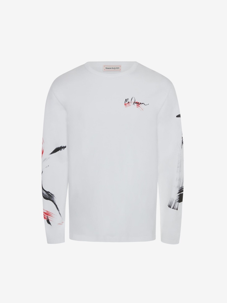 White Fashion Alexander McQueen Men's Paint Skull Long Sleeve T-Shirt