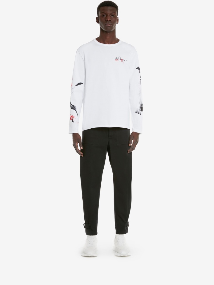 White Fashion Alexander McQueen Men's Paint Skull Long Sleeve T-Shirt